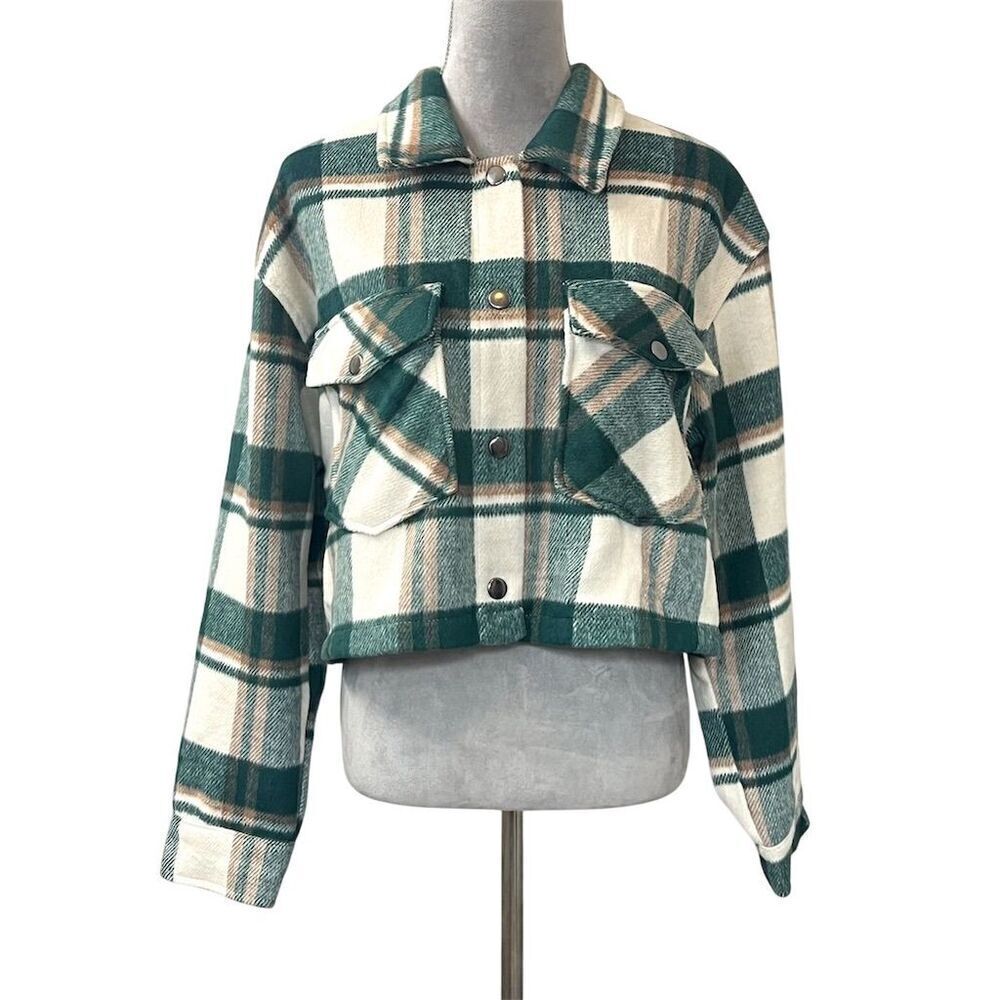Y2K Green Plaid Cropped Shacket Jacket L Fall Warm Cozy Comfy Autumn Cottagecore